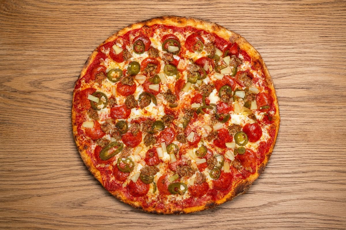 A whole pie on a wooden table, overhead